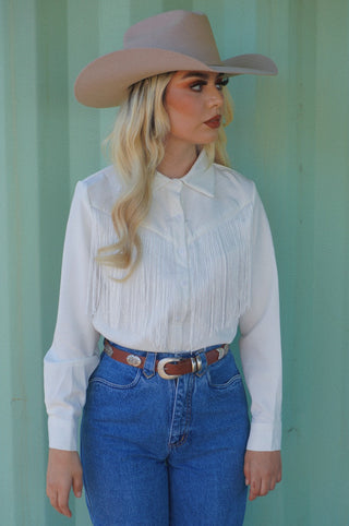 “Ximena” Fringe Button Down - White