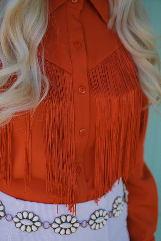 “Ximena” Fringe Button Down - Auburn