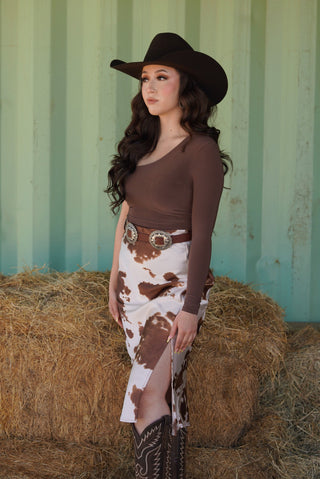 "La Vaquita" High Waisted Midi Skirt (Brown)