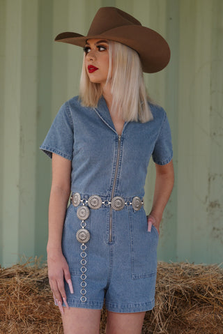 "Emiliana" - Short Sleeve Front Zip Up Denim Romper