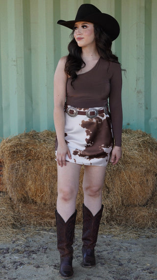 "La Vaquita" High Waisted Mini Skirt (Brown)